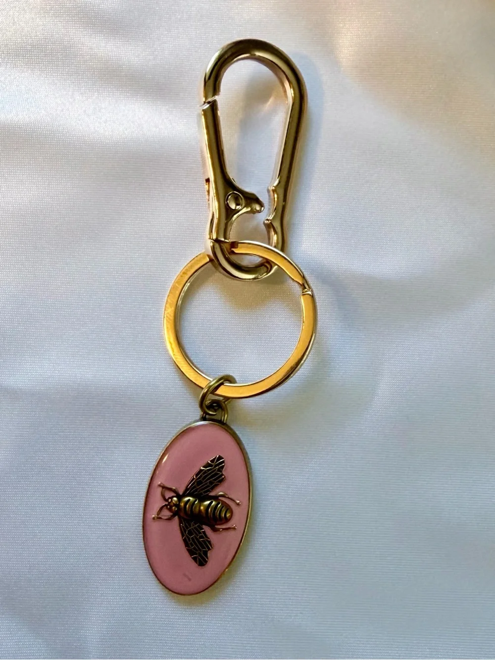 Luxury Gold Bee Keychain with Pink Enamel Oval Charm